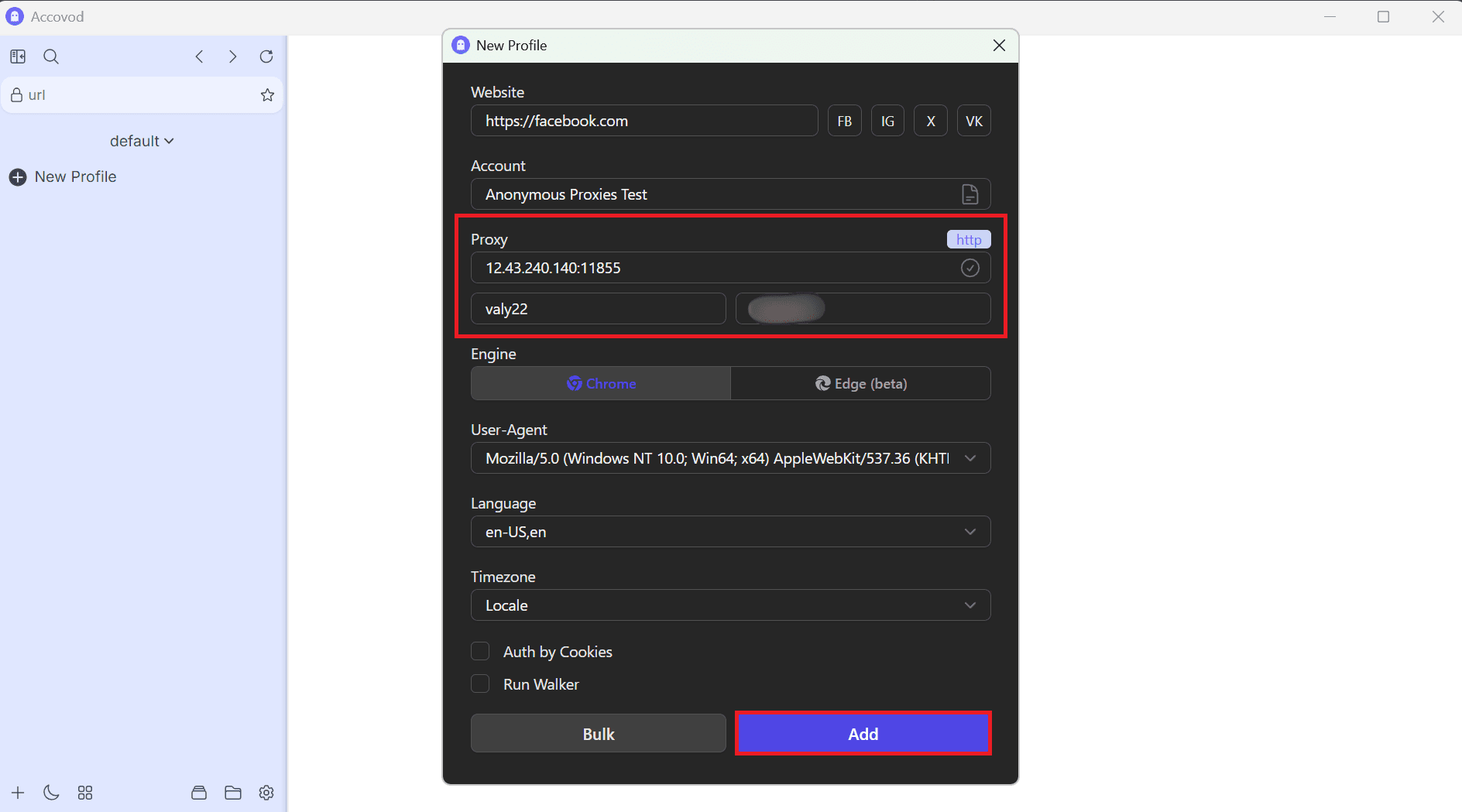 Accovod New Profile: Proxy Fields