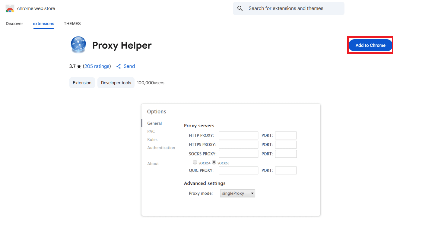 Chrome Web Store showing the Proxy Helper extension.