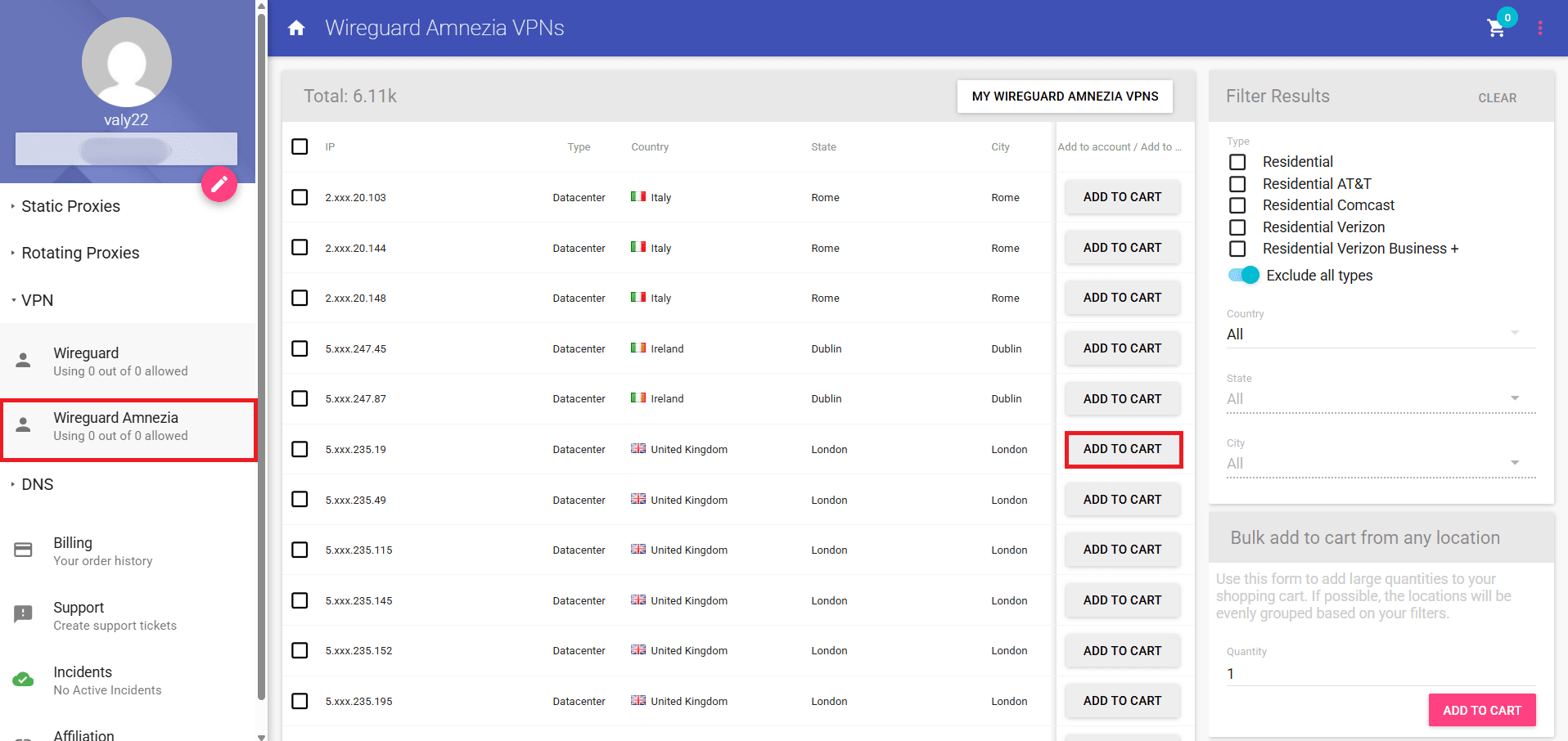 Anonymous Proxies dashboard showing WireGuard Amnezia VPN plans with Add to Cart.