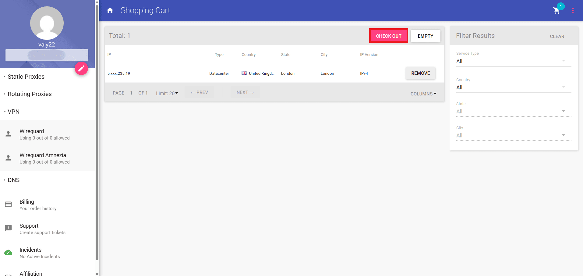 Checkout page with selected Amnezia VPN IP and location.