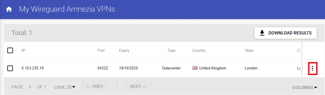 My WireGuard Amnezia VPNs page with the three-dot menu highlighted to open and download the config file.