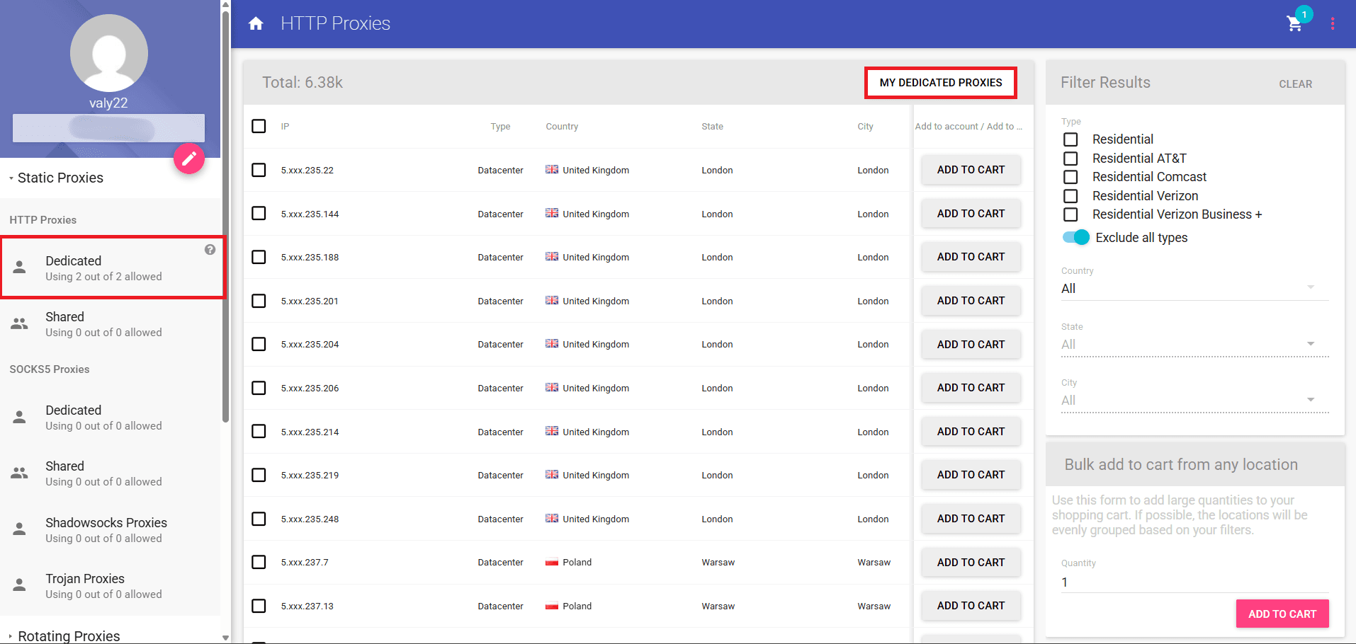 Anonymous Proxies Dashboard: My Dedicated Proxies