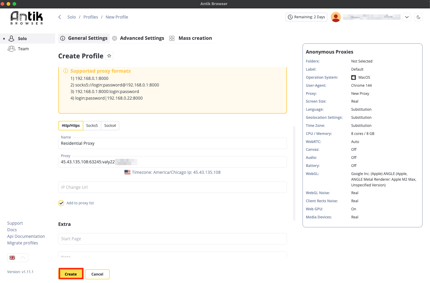 Add Anonymous Proxies' residential proxy IP in Antik Browser
