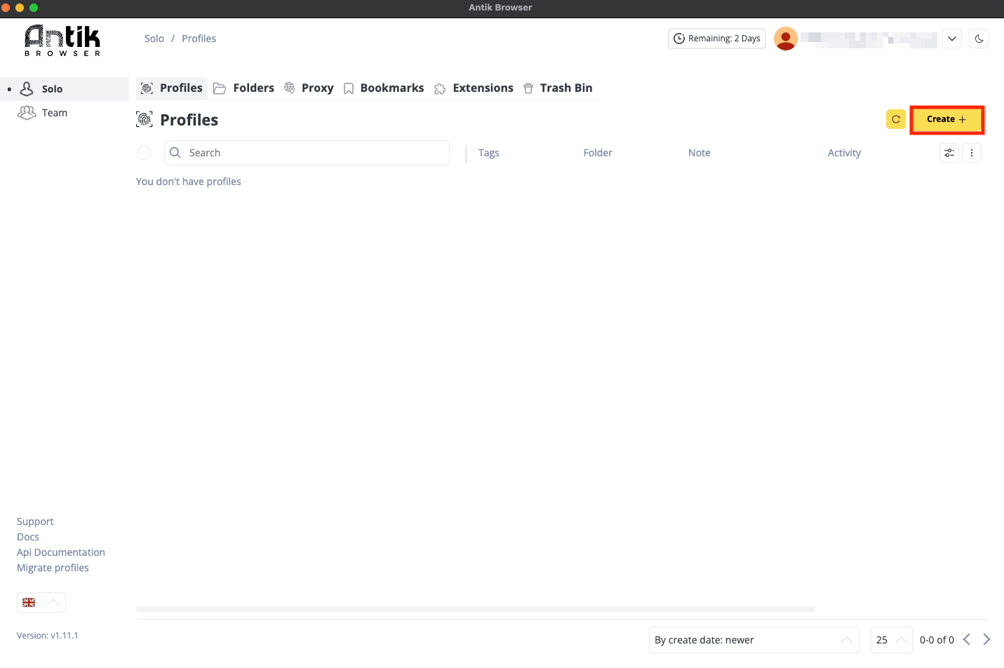 Create a new Antik Browser profile for proxy setup