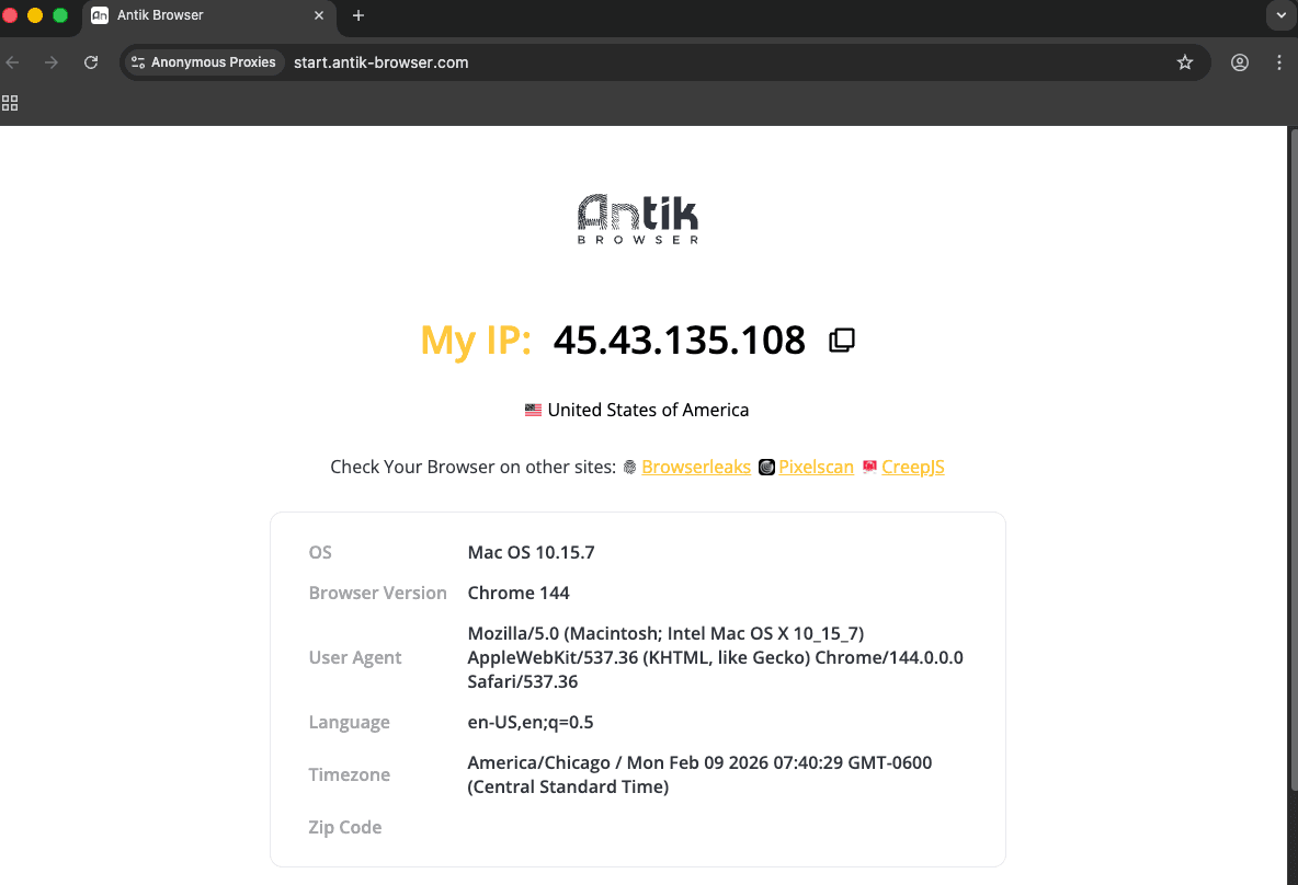 Check new IP address in Antik Browser