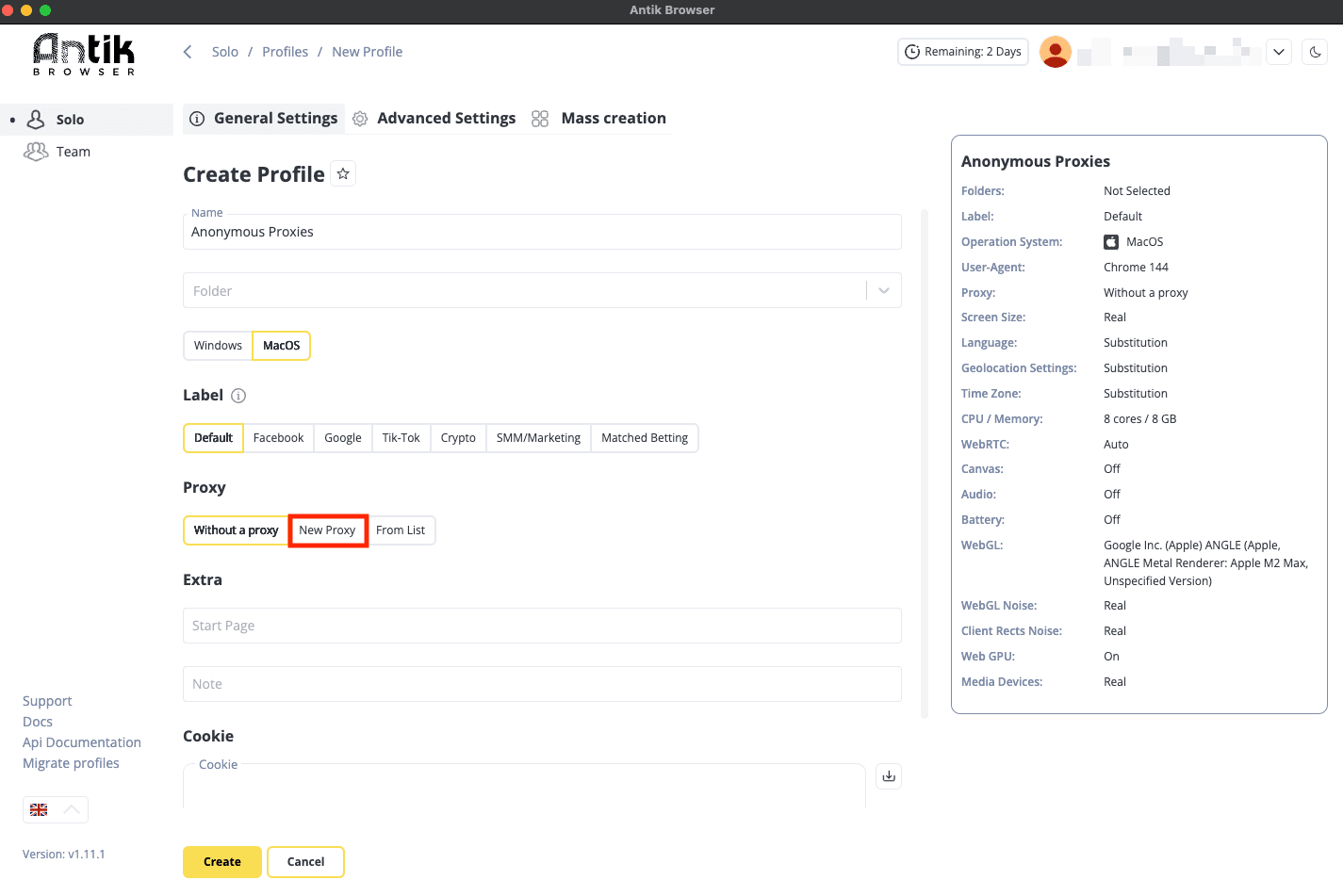 Open new proxy settings in Antik Browser profile