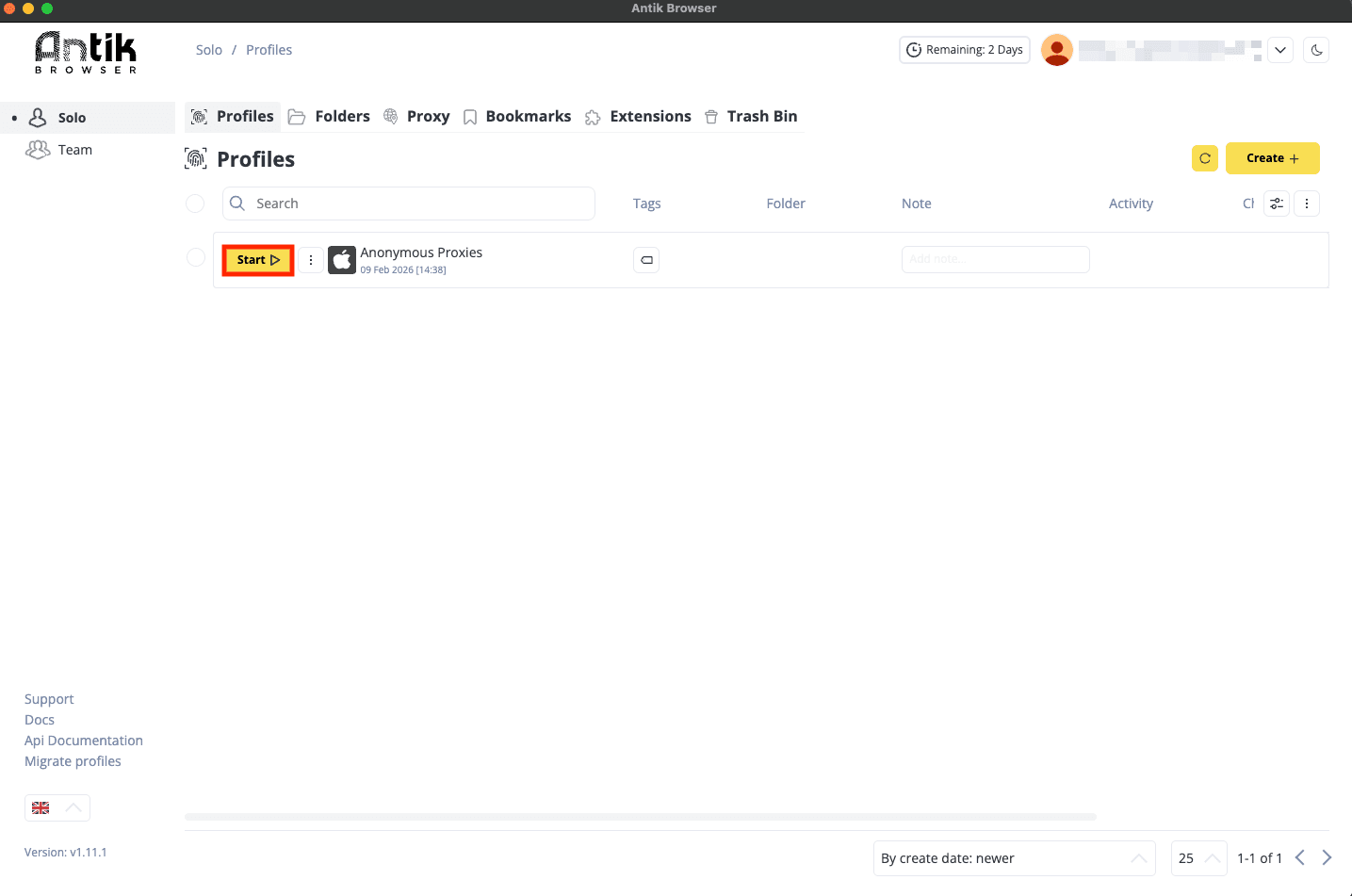 Start Antik Browser profile
