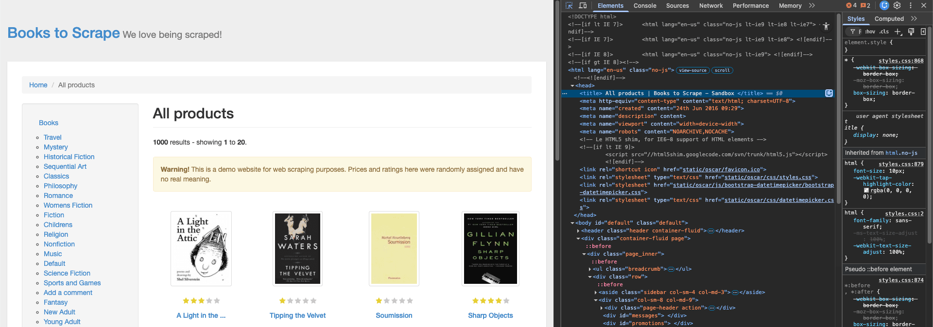 Books to Scrape page with the title tag highlighted in Developer Tools