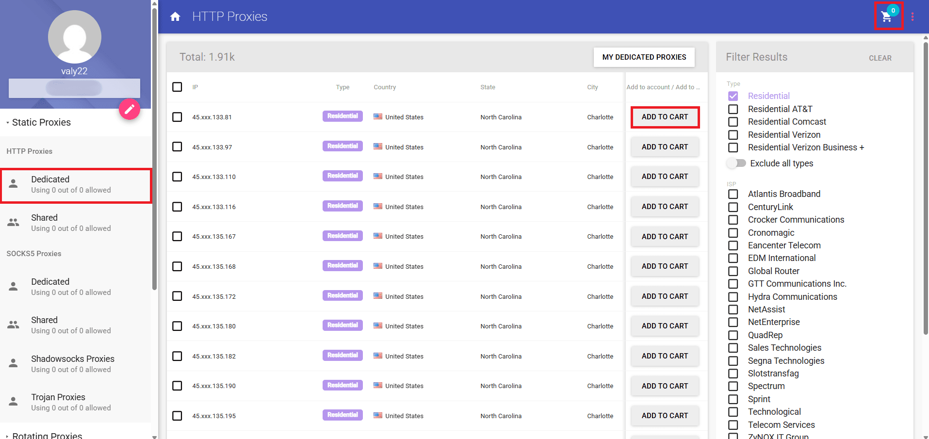 Anonymous Proxies dashboard showing Dedicated HTTP Proxies with Residential IPs and “Add to Cart” buttons.