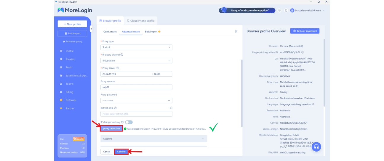 Proxy detection shows Pass before confirming.