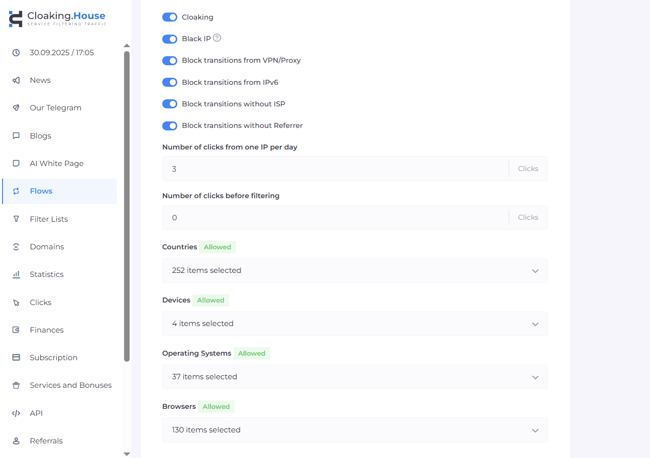 Cloaking.House filter settings