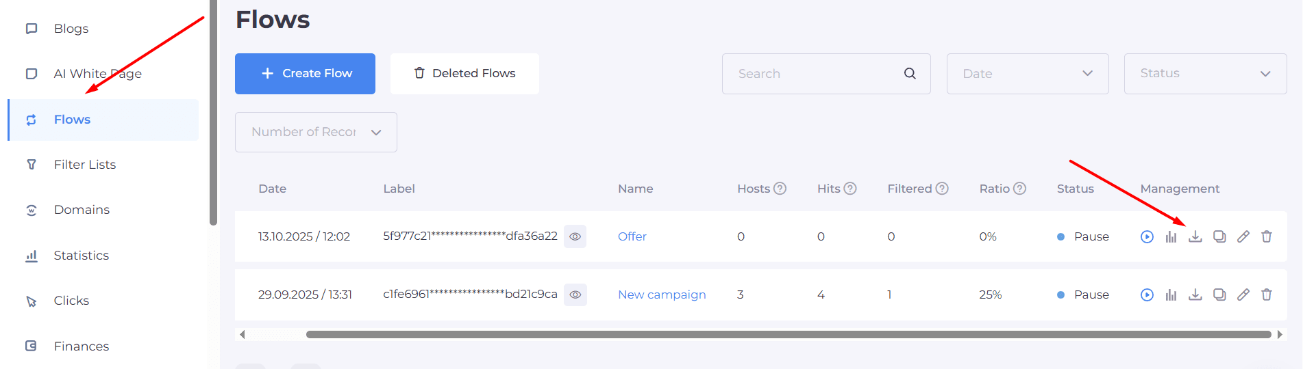 Cloaking.House flows dashboard showing active flows and management options