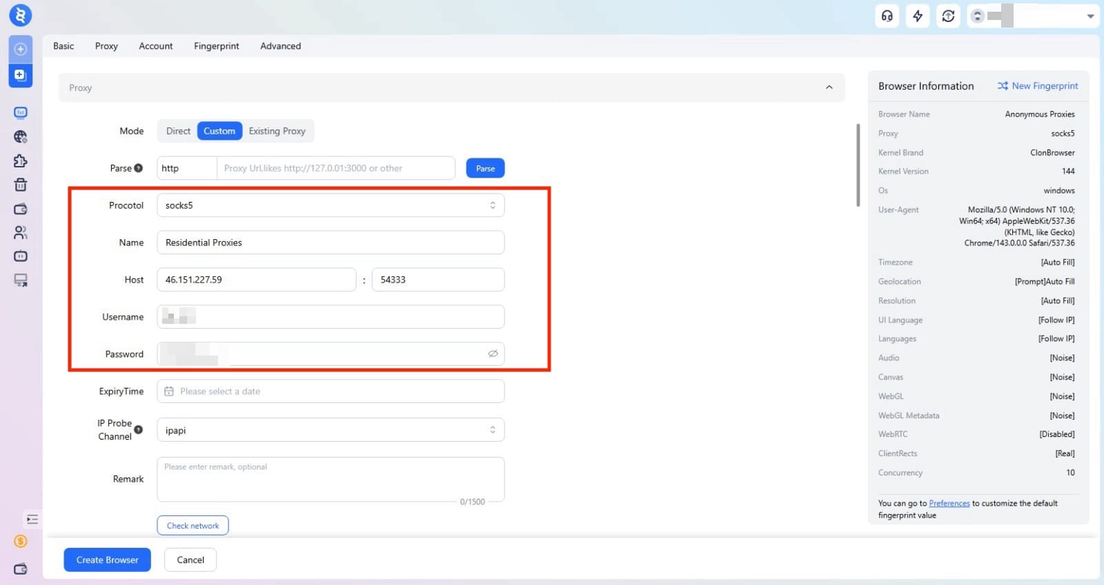 Configure proxy settings in ClonBrowser