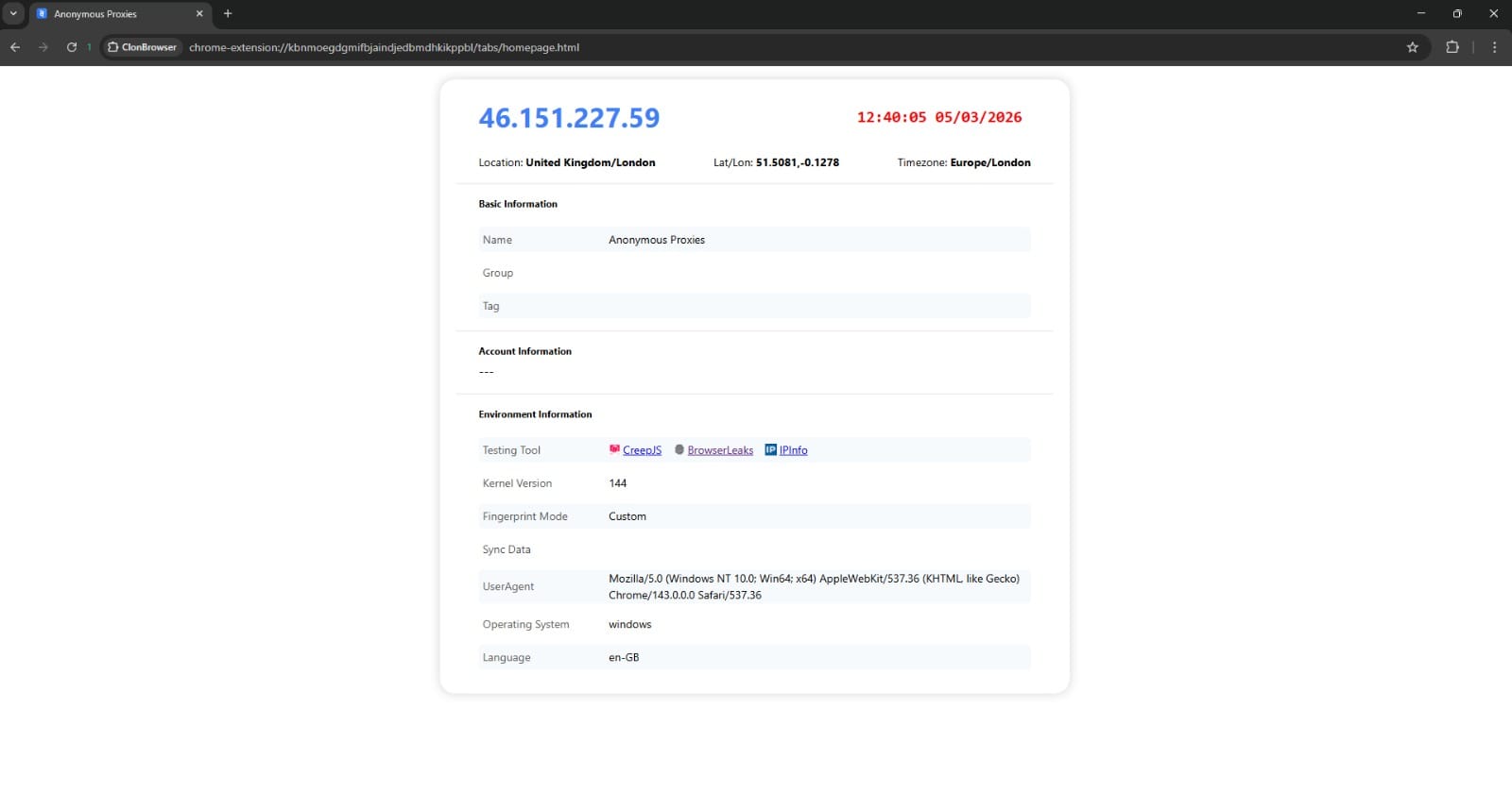 ClonBrowser profile with proxy details
