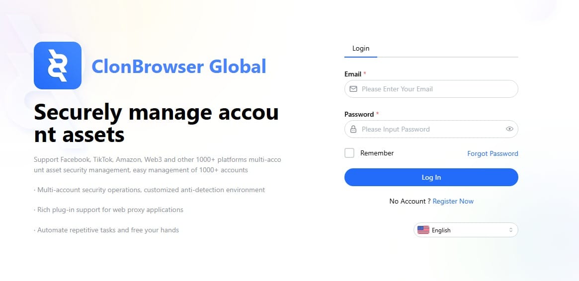 ClonBrowser login screen