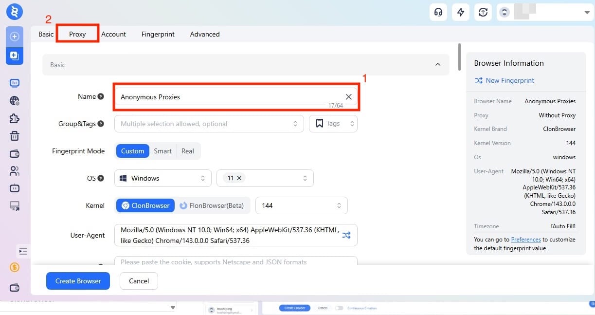 Open proxy tab in ClonBrowser