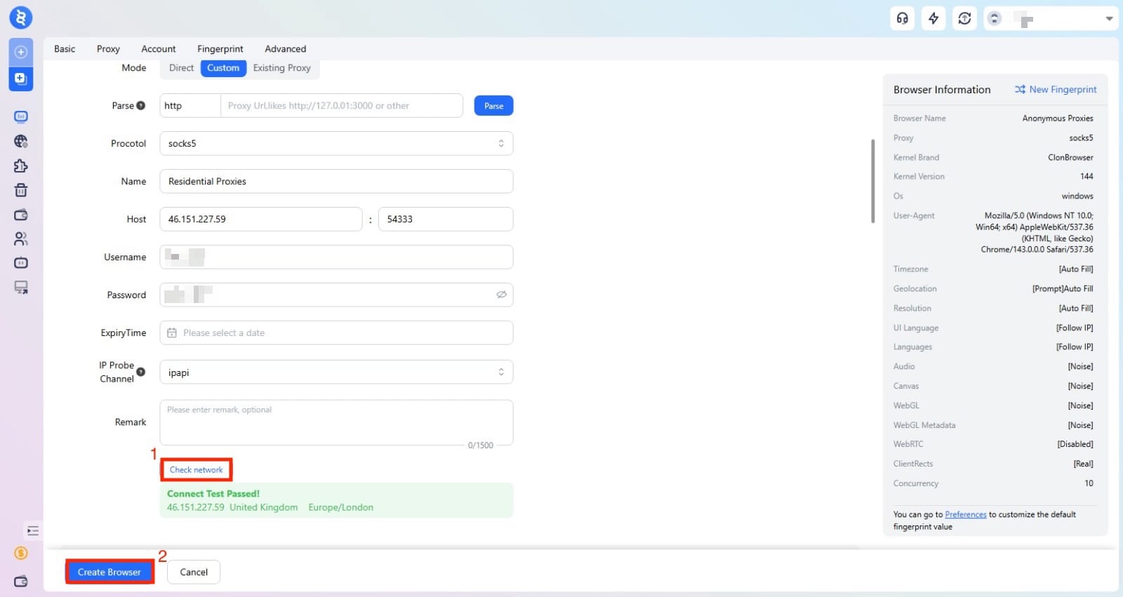 Test proxy connection in ClonBrowser