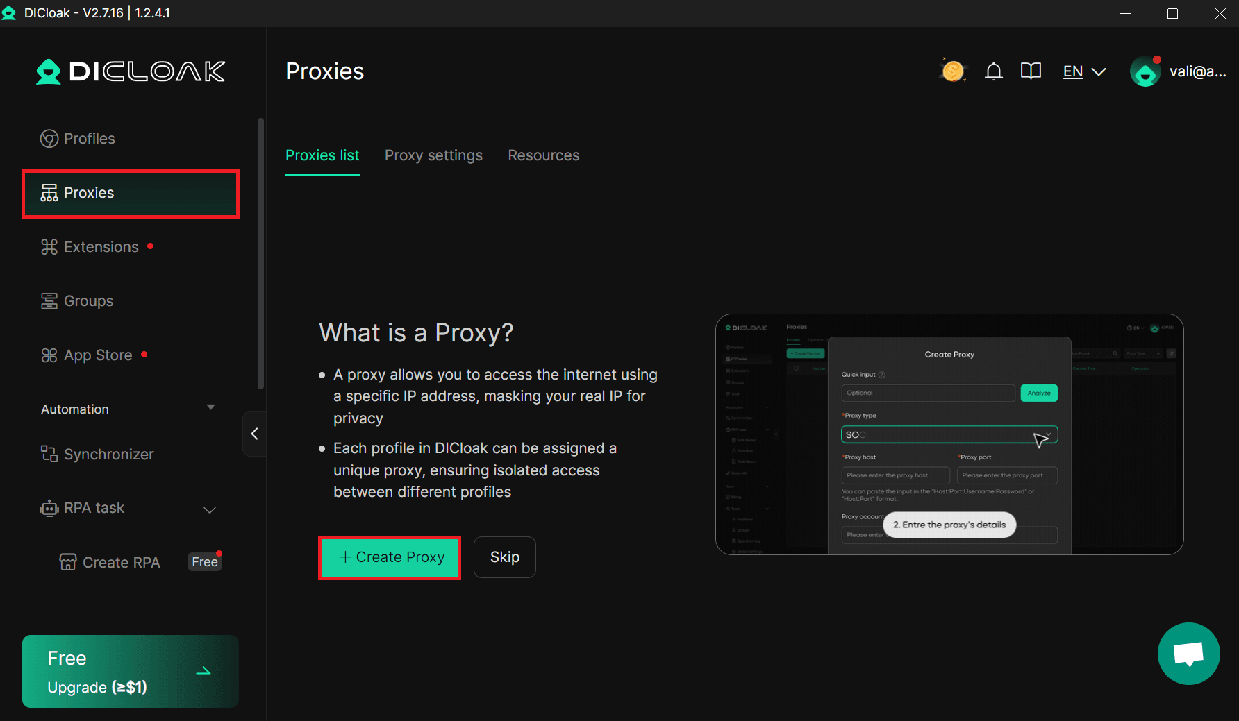 DICloak Proxies page with the Create Proxy button visible