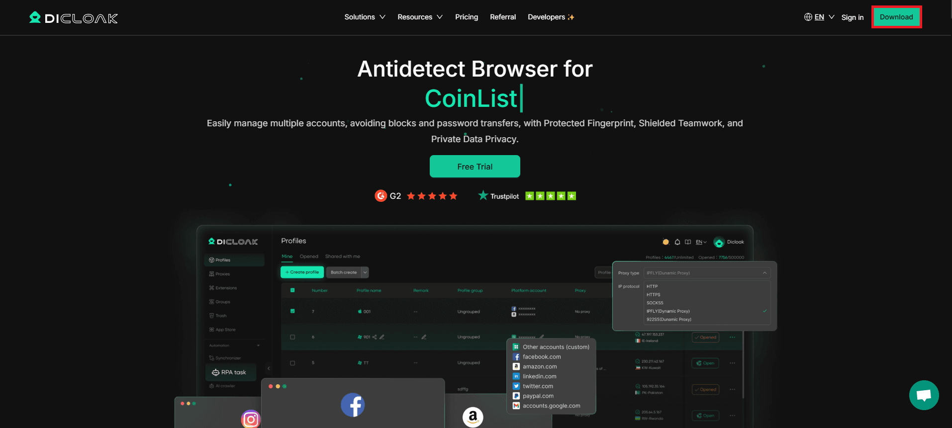 DICloak website highlighting the download button