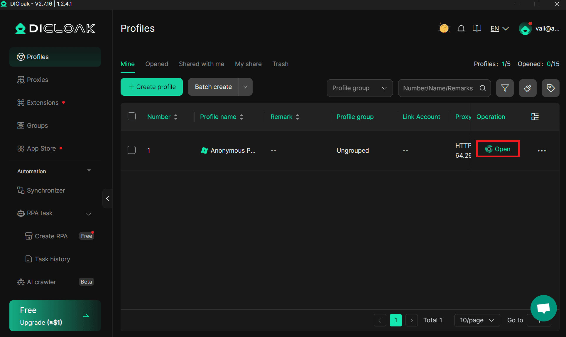 DICloak profiles list with the new profile ready to be opened