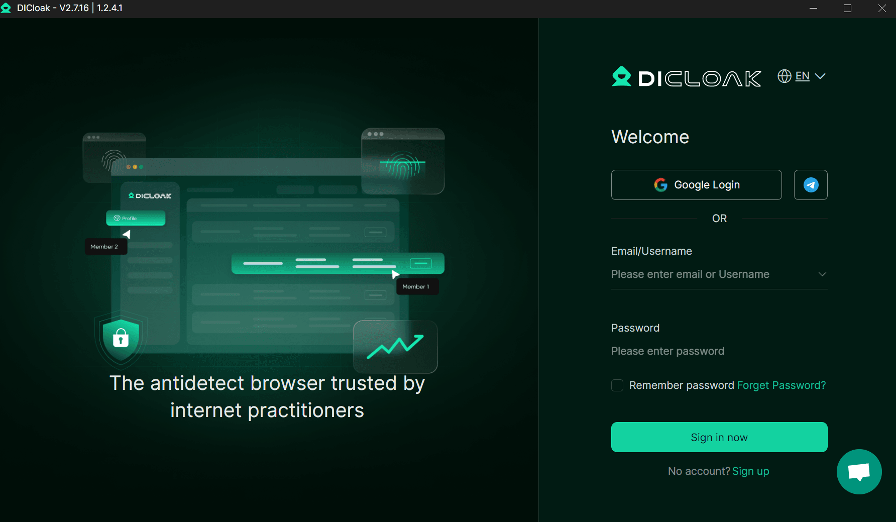 DICloak login screen showing the sign in options