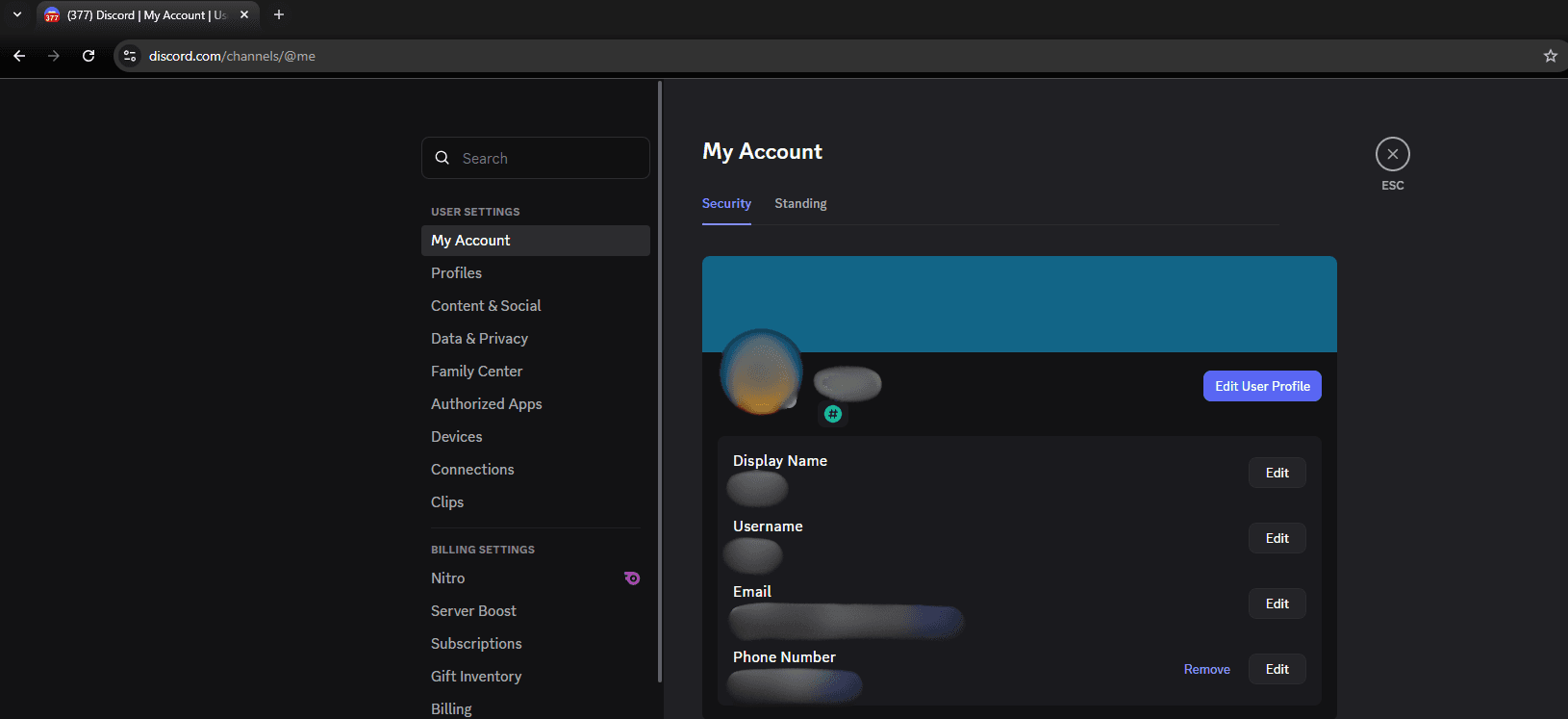 Discord “My Account” settings page open in a browser.