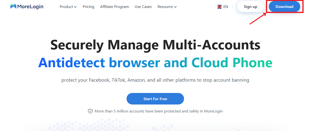 MoreLogin website with Download button highlighted.