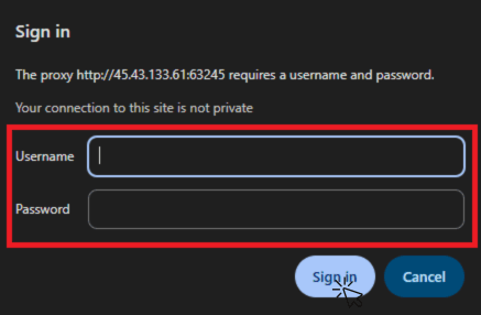 Browser prompt to enter proxy username and password.