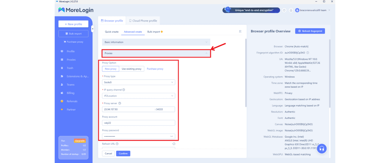 MoreLogin Proxies section with proxy details filled.