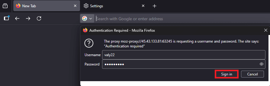 Firefox proxy login prompt with username and password.
