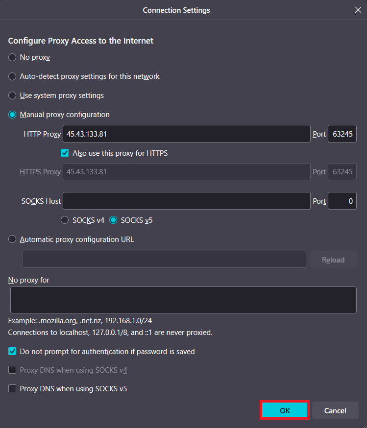 Firefox manual proxy configuration with HTTP proxy set.