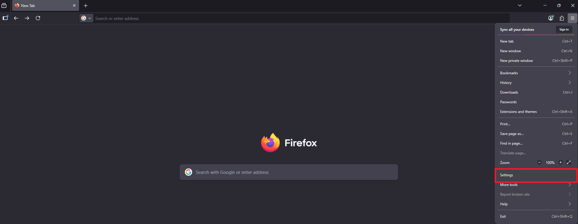 Firefox menu with the Settings option highlighted.
