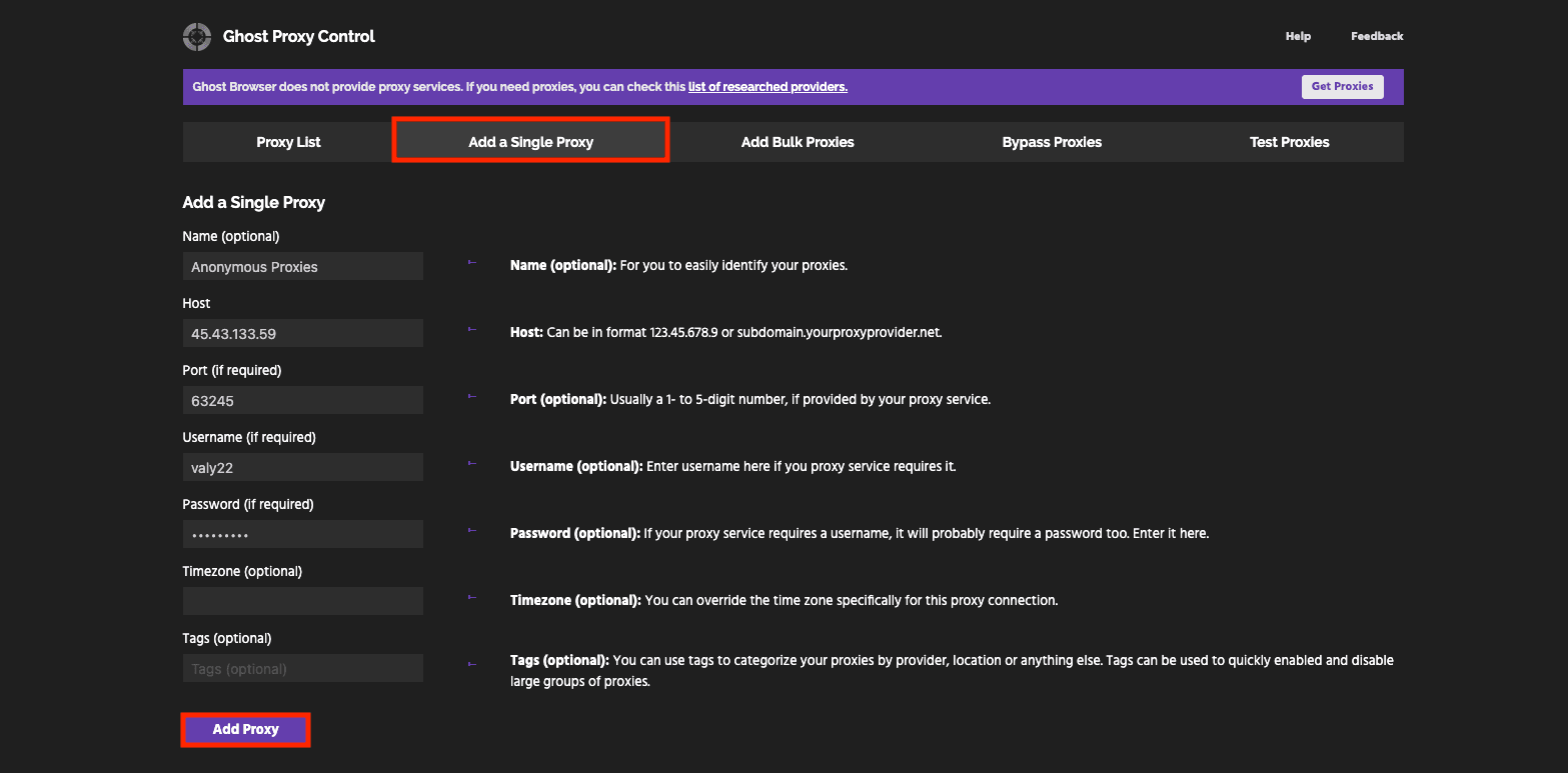 Ghost Proxy Control “Add a Single Proxy” screen for Anonymous Proxies setup