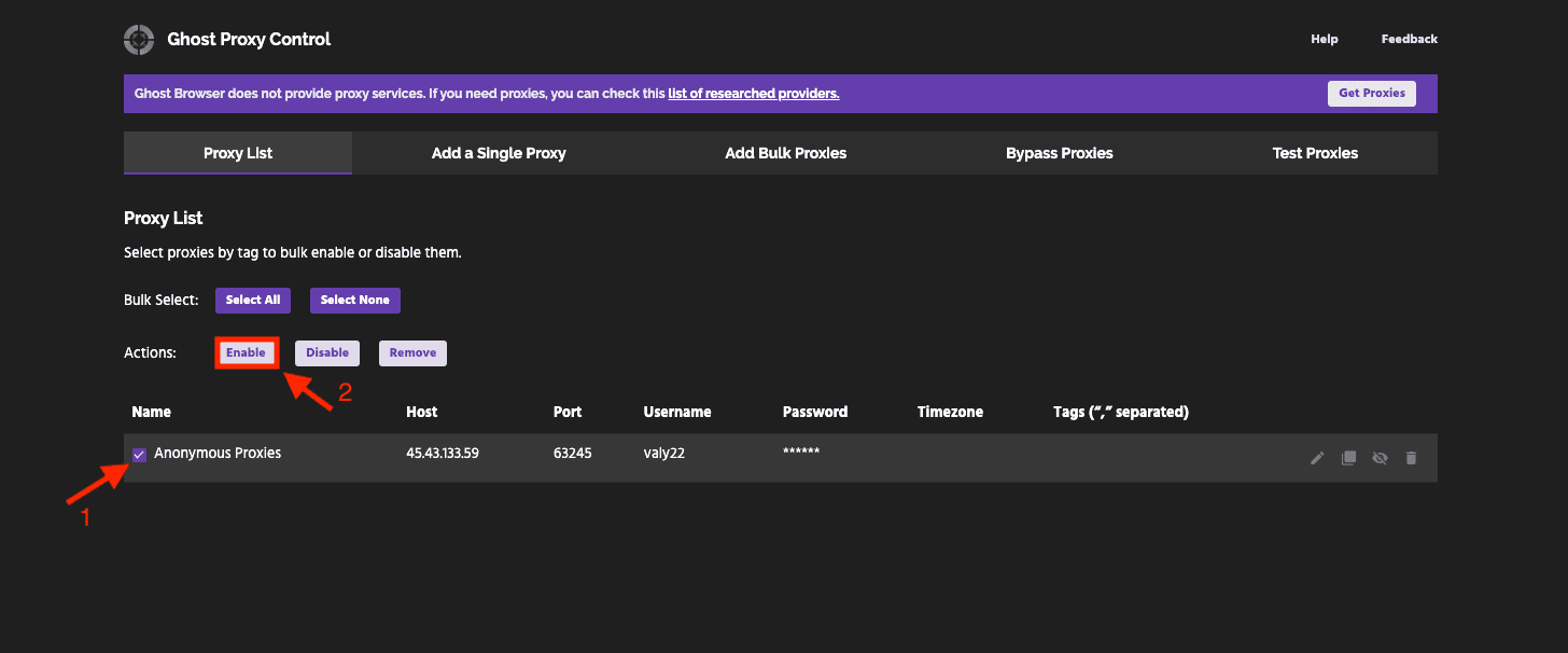 Ghost Proxy Control proxy list showing Anonymous Proxies selected and enabled