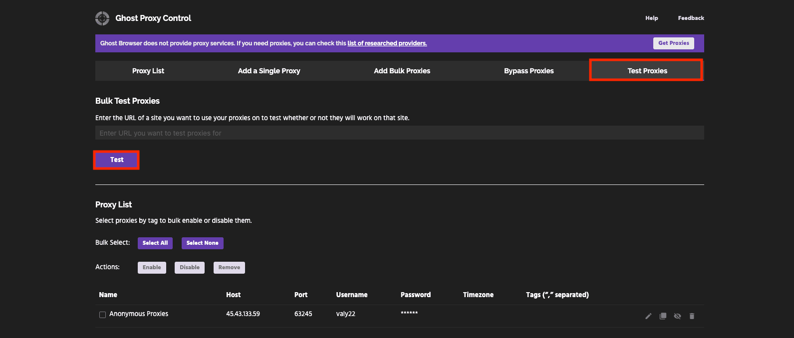 Ghost Proxy Control “Test Proxies” tab to test a proxy connection in Ghost Browser