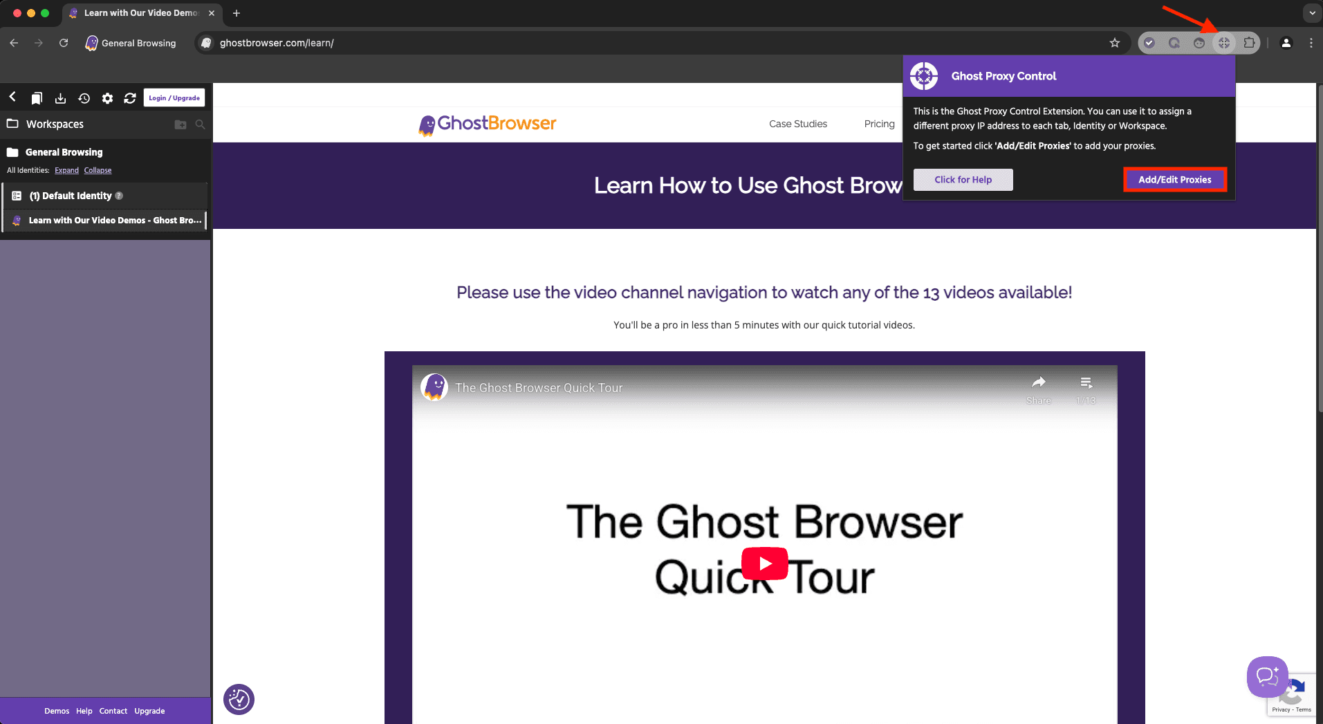Ghost Browser showing Ghost Proxy Control extension with “Add/Edit Proxies”