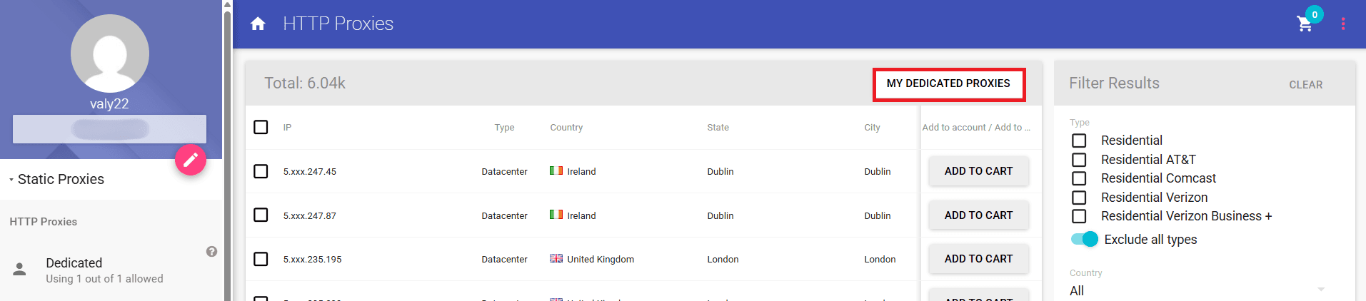 HTTP Proxies page with the “MY DEDICATED PROXIES” button highlighted.