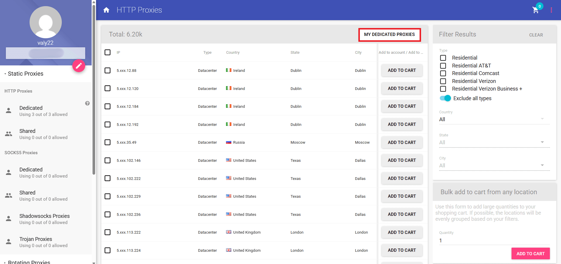 Anonymous Proxies dashboard highlighting my dedicated proxies button.