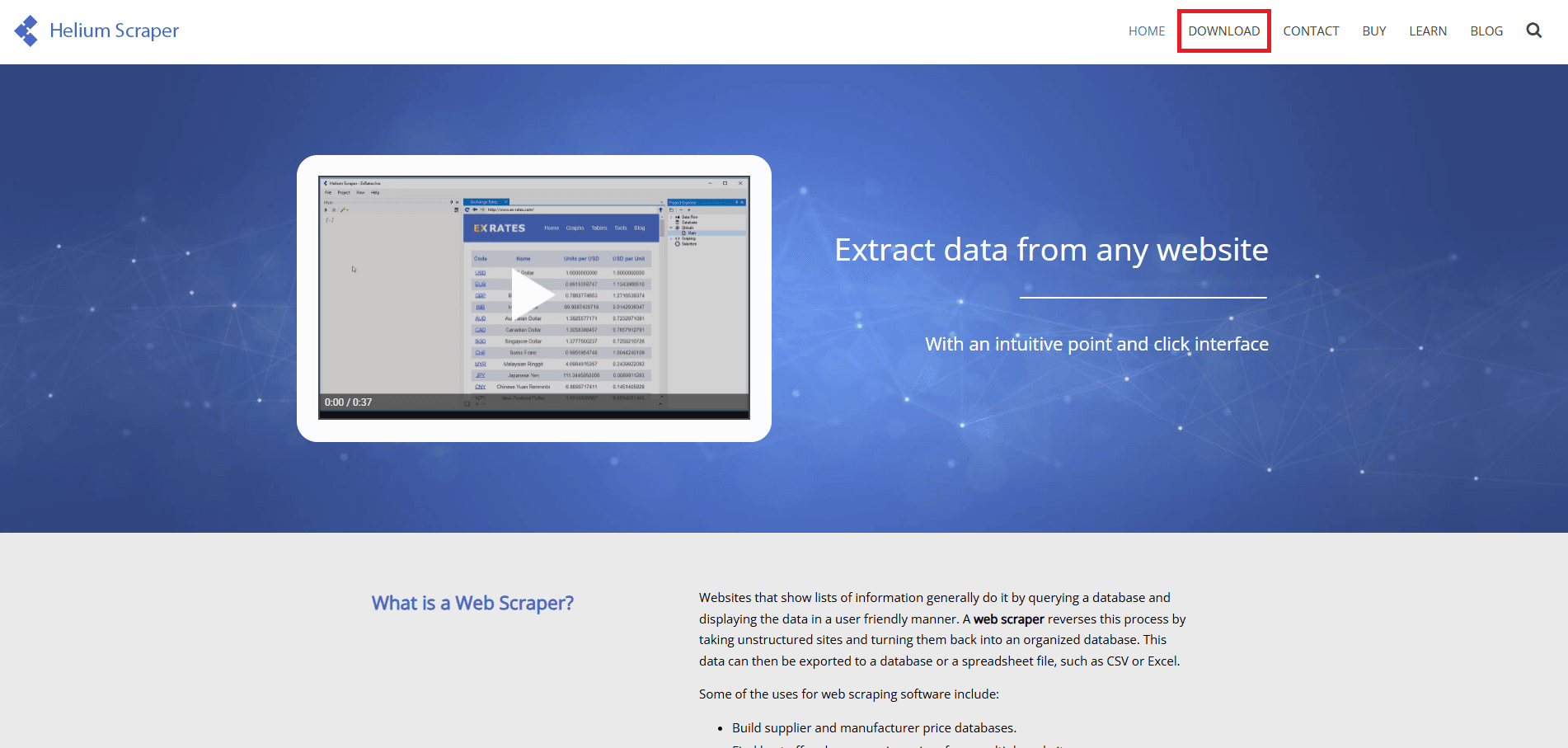 Helium Scraper homepage with Download button highlighted for installer.