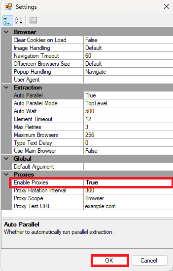 Helium Scraper settings window showing Enable Proxies set to True.