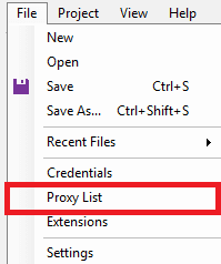 Helium Scraper File menu with Proxy List option selected.