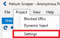 Helium Scraper Project menu with Settings option highlighted for proxies.