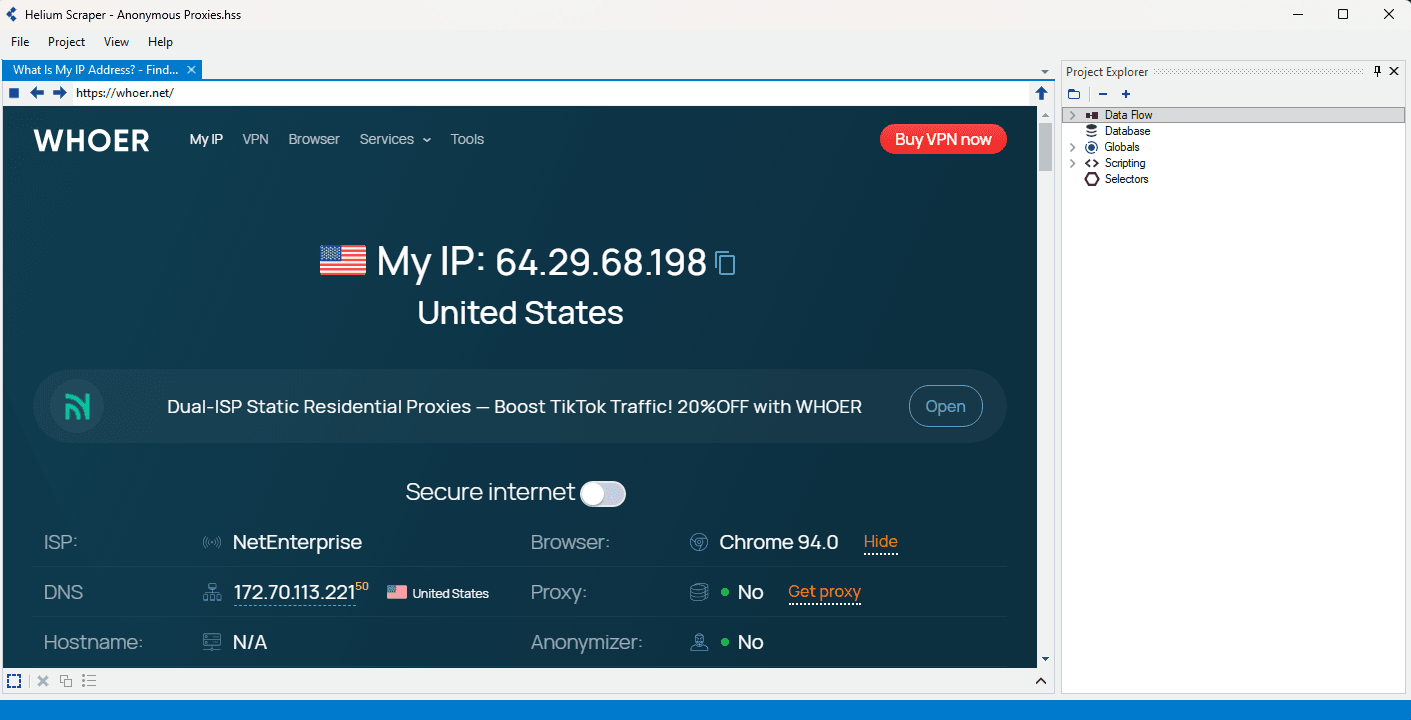 Helium Scraper browser tab showing new proxy IP address test.
