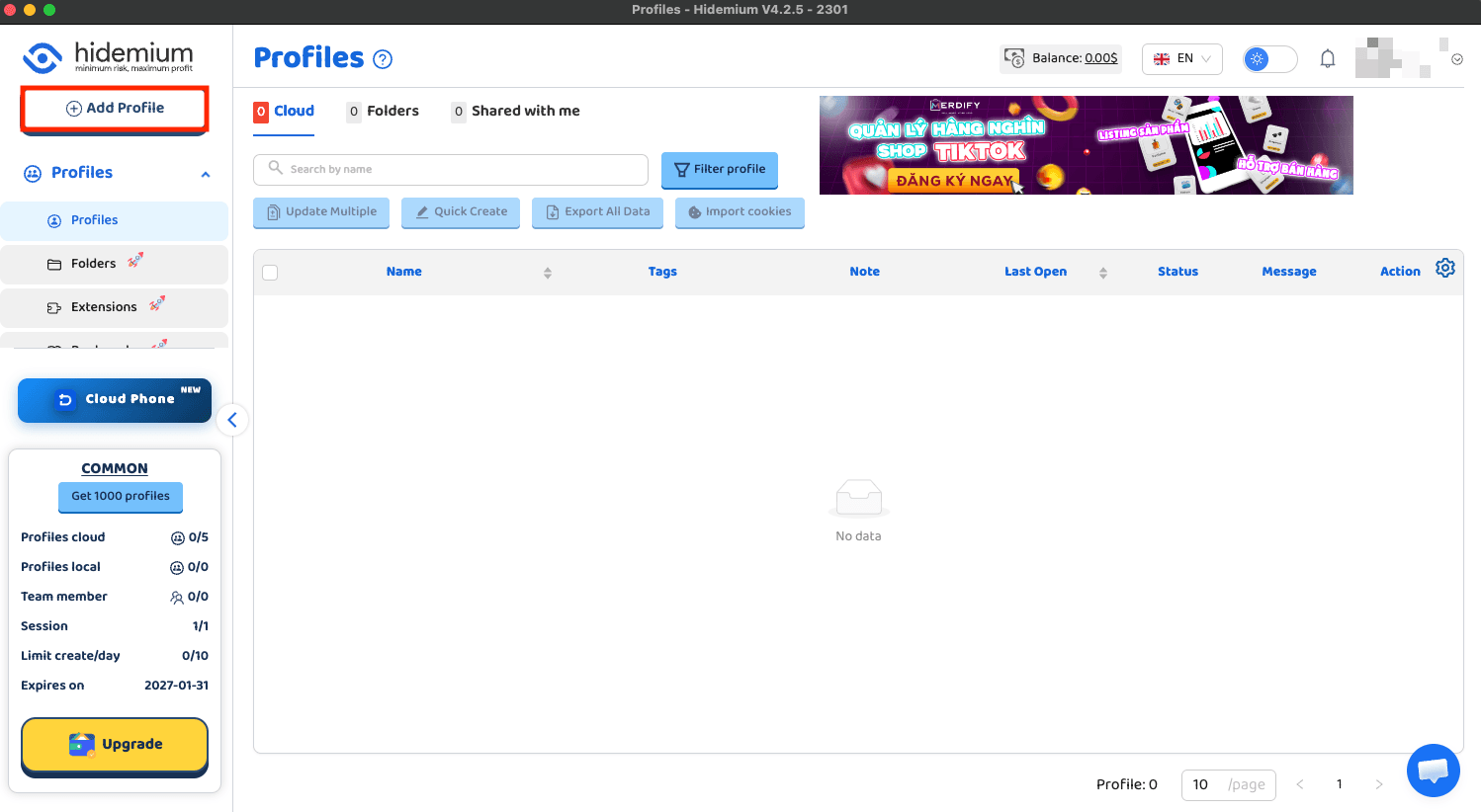 Hidemium Profiles page with Add Profile button to create a new profile