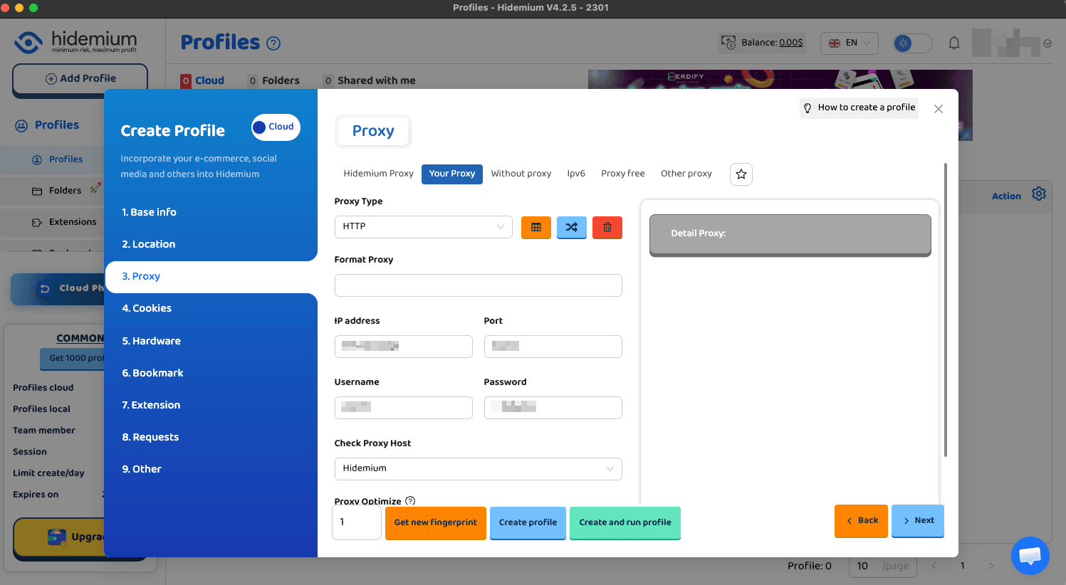 Enter proxy details in Hidemium proxy settings