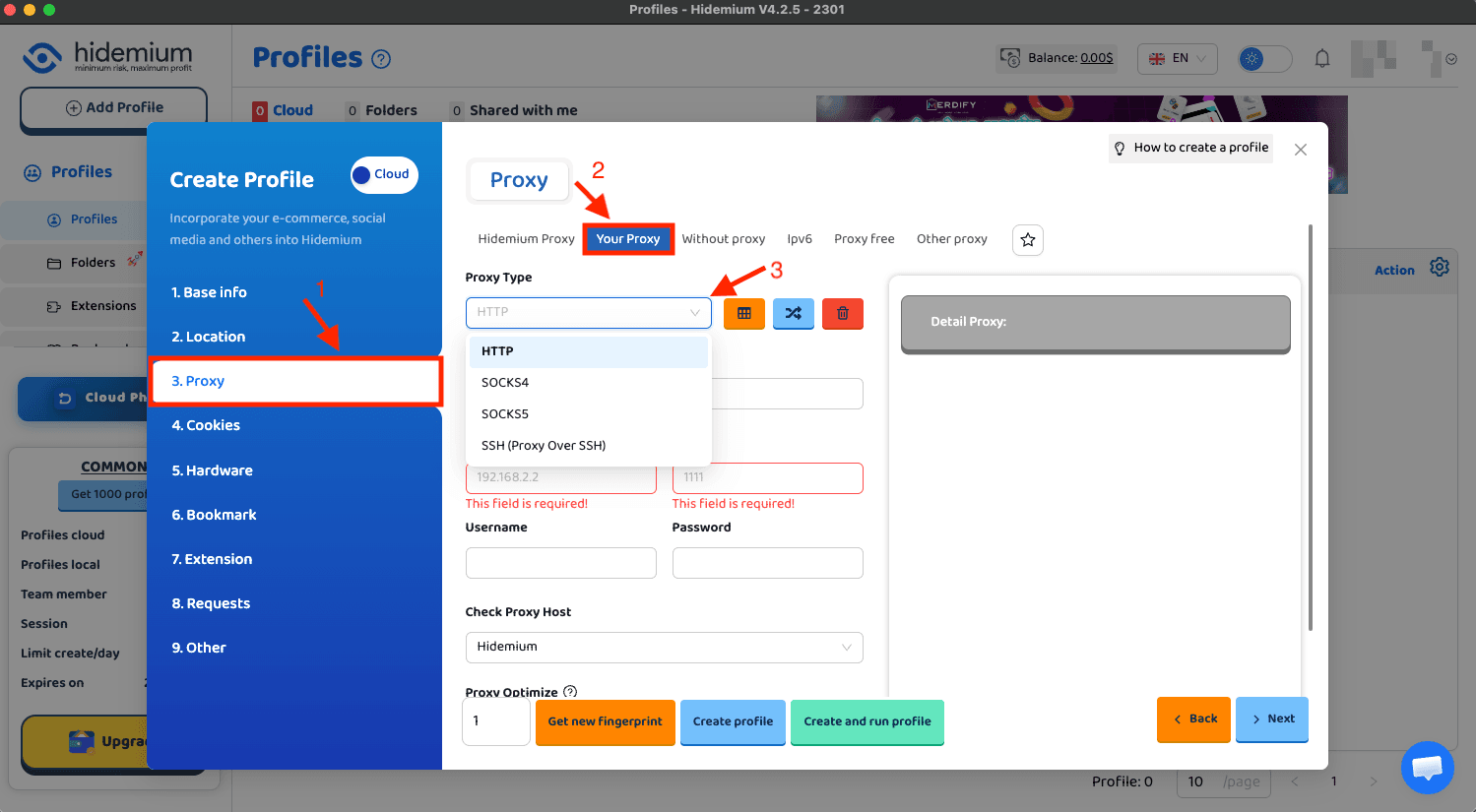 Hidemium profile setup showing Proxy tab and proxy type selection