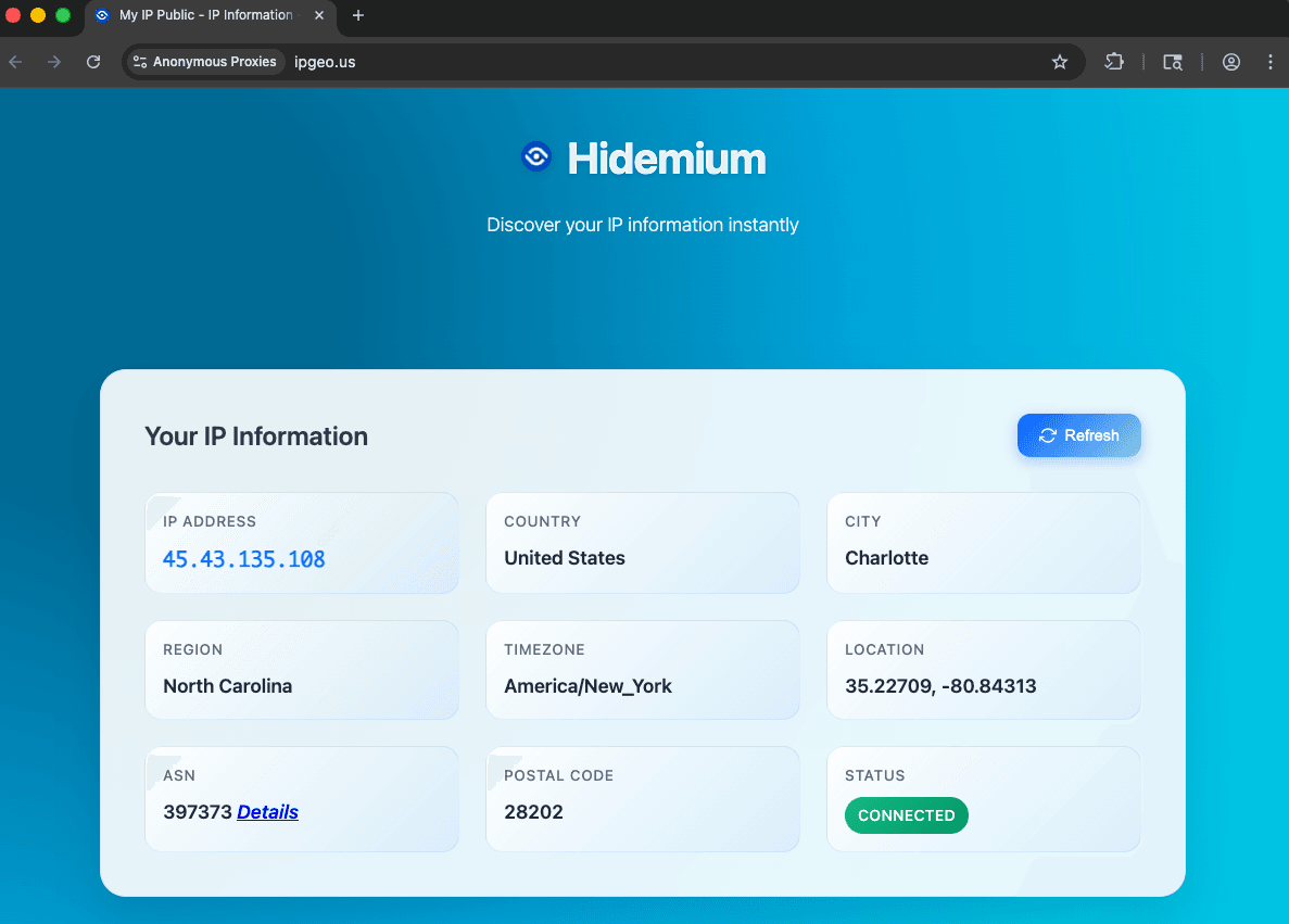 IP check page confirming proxy connection inside Hidemium profile