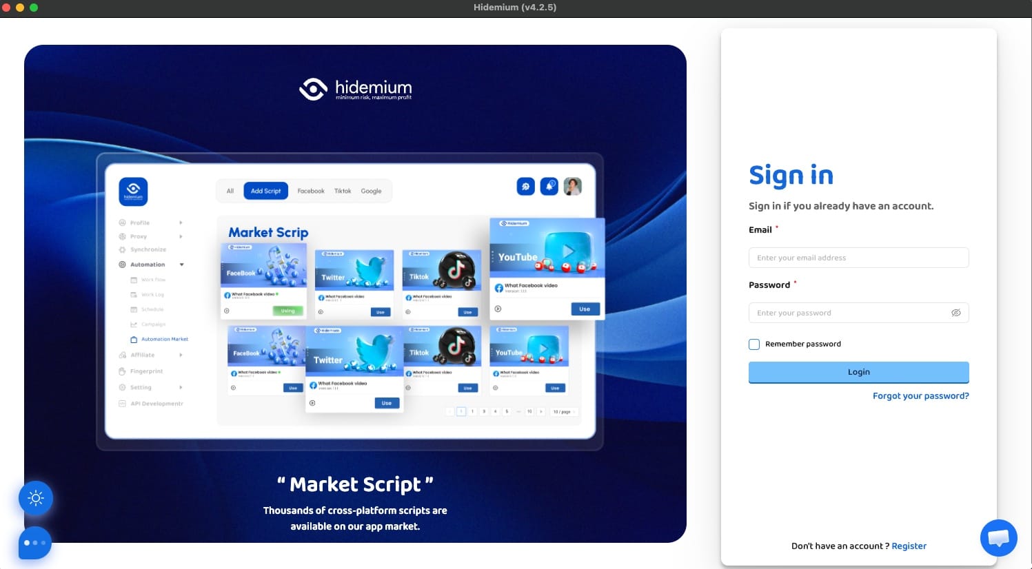 Hidemium login screen