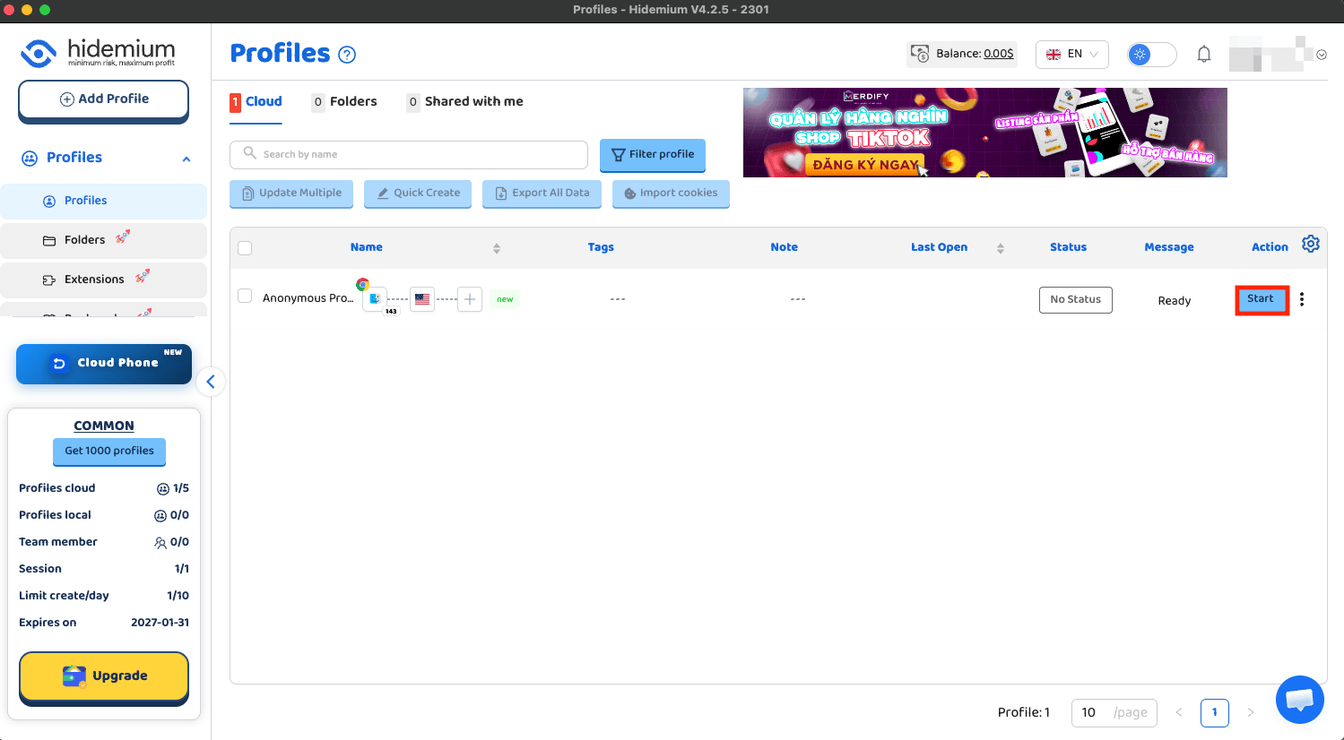 Start Hidemium profile with proxy enabled from the Profiles list