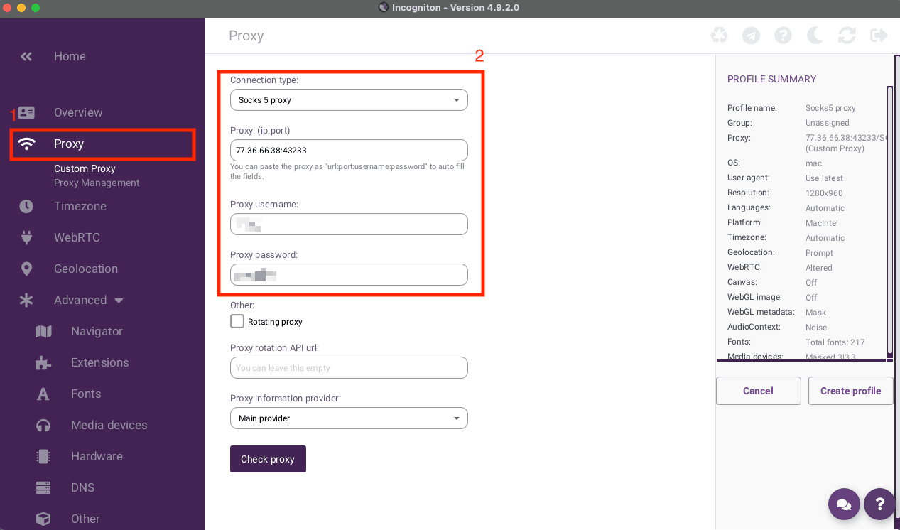 Add proxy details in Incogniton profile settings